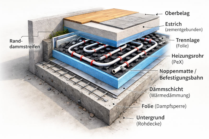 Fußbodenheizung Fräsen Adam Ciba - Aufbau des klassischen Tackersystems im Detail